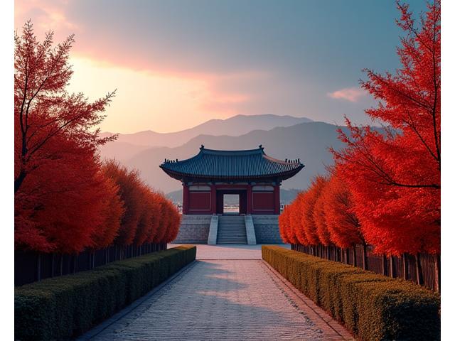 경주 불국사 전경, 활기찬 한국의 고대 왕국을 상징하는 황혼녘